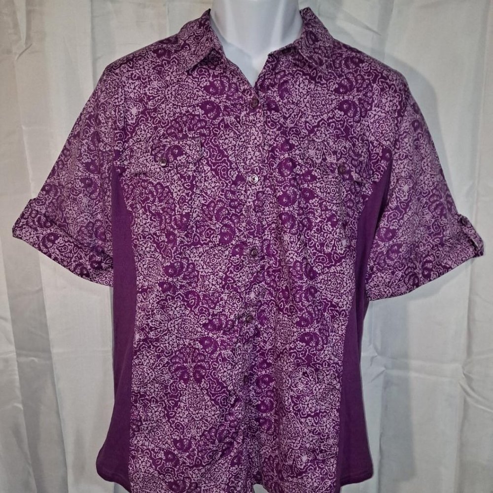 Men's Button-Up Short Sleeve Shirt XL Basic Editions Purple White Western Style